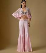 Baby pink embroidered satin tulle sharara cape set