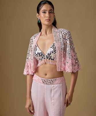 Baby pink embroidered satin tulle sharara cape set 2