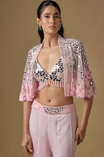 Baby pink embroidered satin tulle sharara cape set