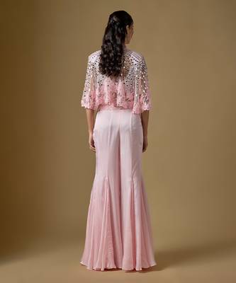 Baby pink embroidered satin tulle sharara cape set 3