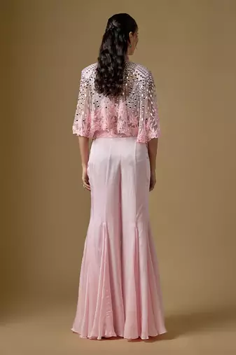 Baby pink embroidered satin tulle sharara cape set