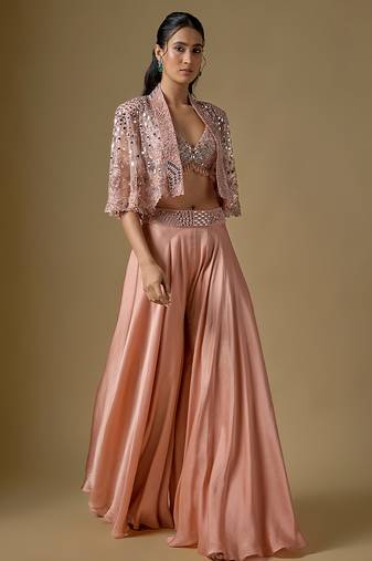 Rose gold embroidered satin tulle sharara cape set