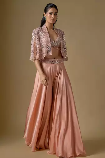 Rose gold embroidered satin tulle sharara cape set