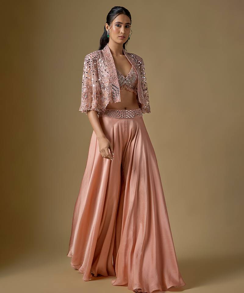 Rose gold embroidered satin tulle sharara cape set