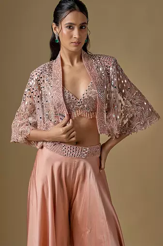 Rose gold embroidered satin tulle sharara cape set