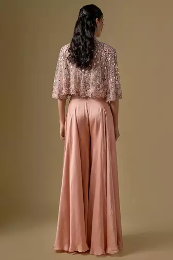 Rose gold embroidered satin tulle sharara cape set