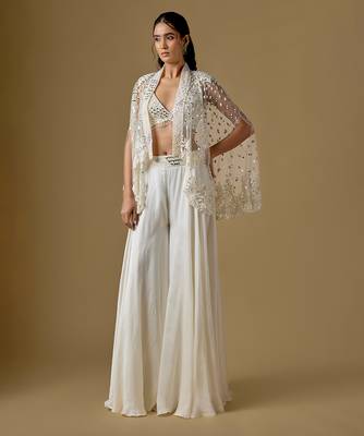 Ivory embroidered satin tulle sharara cape set 1