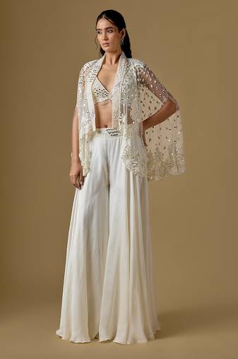 Ivory embroidered satin tulle sharara cape set