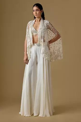 Ivory embroidered satin tulle sharara cape set