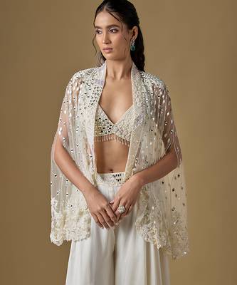 Ivory embroidered satin tulle sharara cape set 2