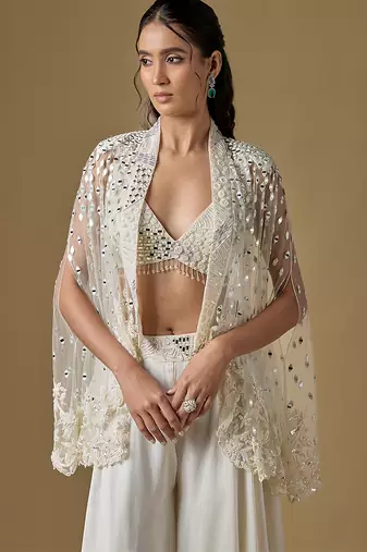 Ivory embroidered satin tulle sharara cape set