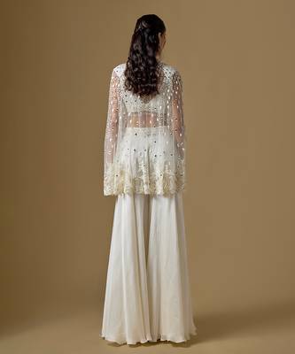 Ivory embroidered satin tulle sharara cape set 3