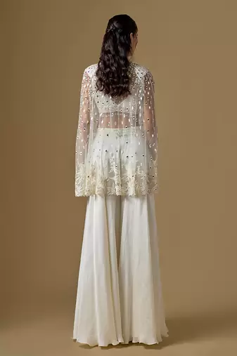 Ivory embroidered satin tulle sharara cape set