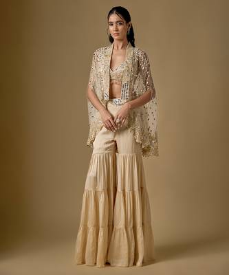 Beige embroidered satin tulle sharara cape set 1