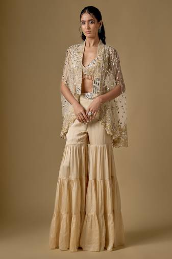 Beige embroidered satin tulle sharara cape set