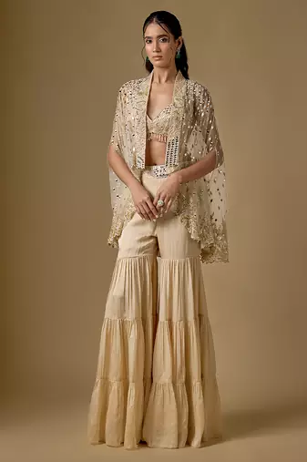 Beige embroidered satin tulle sharara cape set