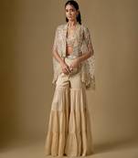 Beige embroidered satin tulle sharara cape set