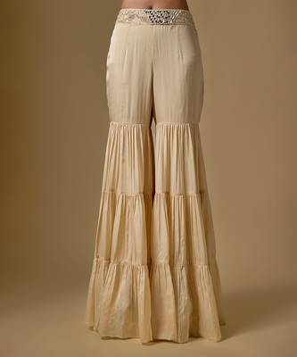 Beige embroidered satin tulle sharara cape set 2
