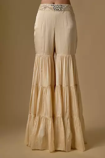 Beige embroidered satin tulle sharara cape set