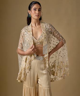Beige embroidered satin tulle sharara cape set 3