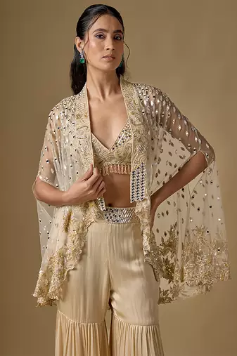 Beige embroidered satin tulle sharara cape set
