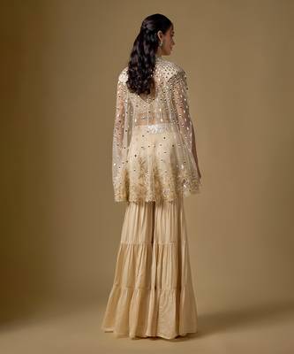 Beige embroidered satin tulle sharara cape set 4