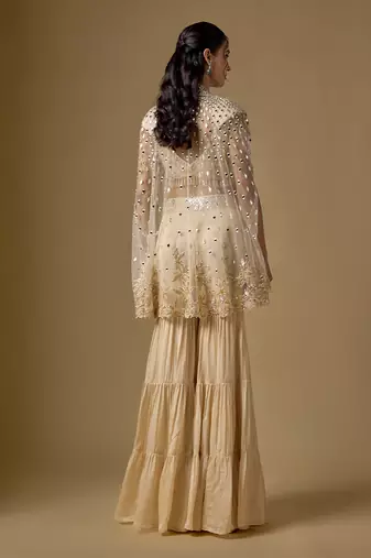 Beige embroidered satin tulle sharara cape set