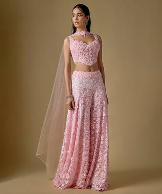 Baby pink embroidered tulle sharara set 1