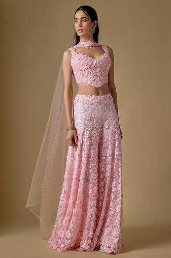Baby pink embroidered tulle sharara set