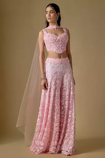 Baby pink embroidered tulle sharara set