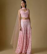 Baby pink embroidered tulle sharara set