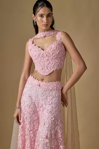 Baby pink embroidered tulle sharara set