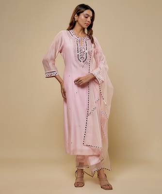 Blush pink embroidered chanderi muslin organza kurta set 1