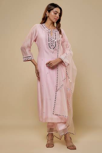 Blush pink embroidered chanderi muslin organza kurta set