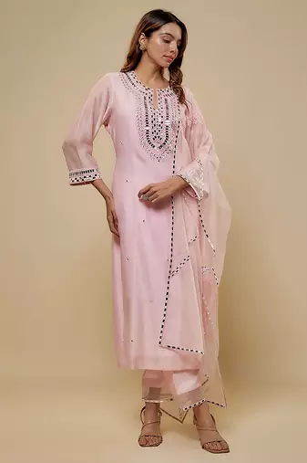 Blush pink embroidered chanderi muslin organza kurta set
