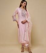Blush pink embroidered chanderi muslin organza kurta set