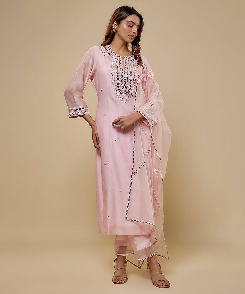 Blush pink embroidered chanderi muslin organza kurta set