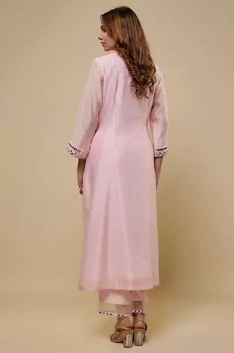 Blush pink embroidered chanderi muslin organza kurta set