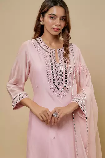 Blush pink embroidered chanderi muslin organza kurta set