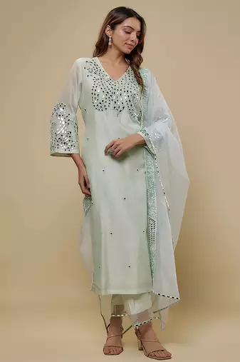 Mint green embroidered chanderi muslin organza kurta set