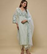 Mint green embroidered chanderi muslin organza kurta set
