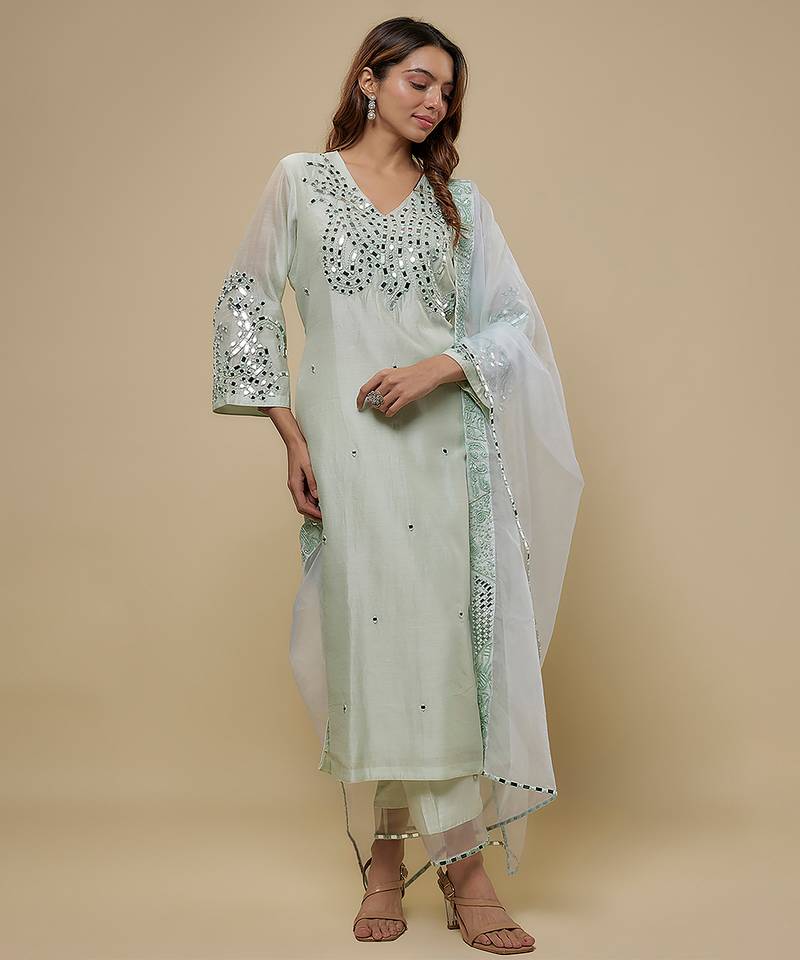 Mint green embroidered chanderi muslin organza kurta set