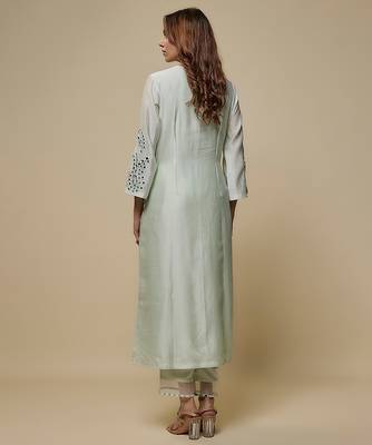 Mint green embroidered chanderi muslin organza kurta set 2