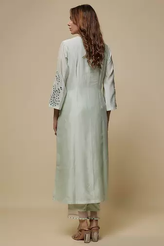 Mint green embroidered chanderi muslin organza kurta set