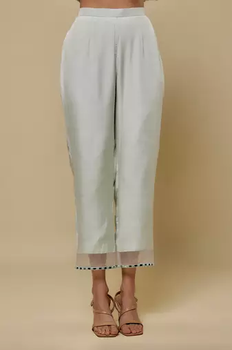 Mint green embroidered chanderi muslin organza kurta set