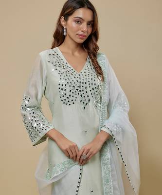 Mint green embroidered chanderi muslin organza kurta set 4