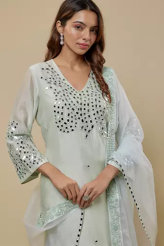 Mint green embroidered chanderi muslin organza kurta set