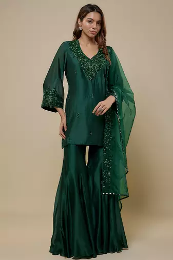 Emerald green embroidered chanderi organza sharara set