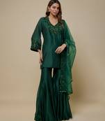 Emerald green embroidered chanderi organza sharara set