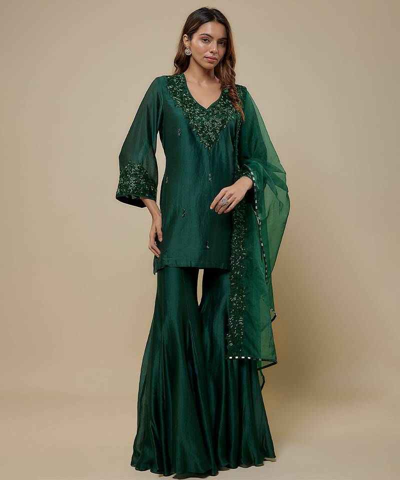 Emerald green embroidered chanderi organza sharara set